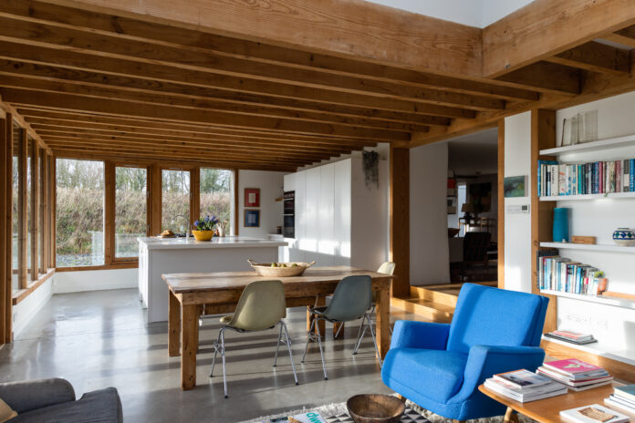 Kitchen and living area at The Farmhouse, Bude
