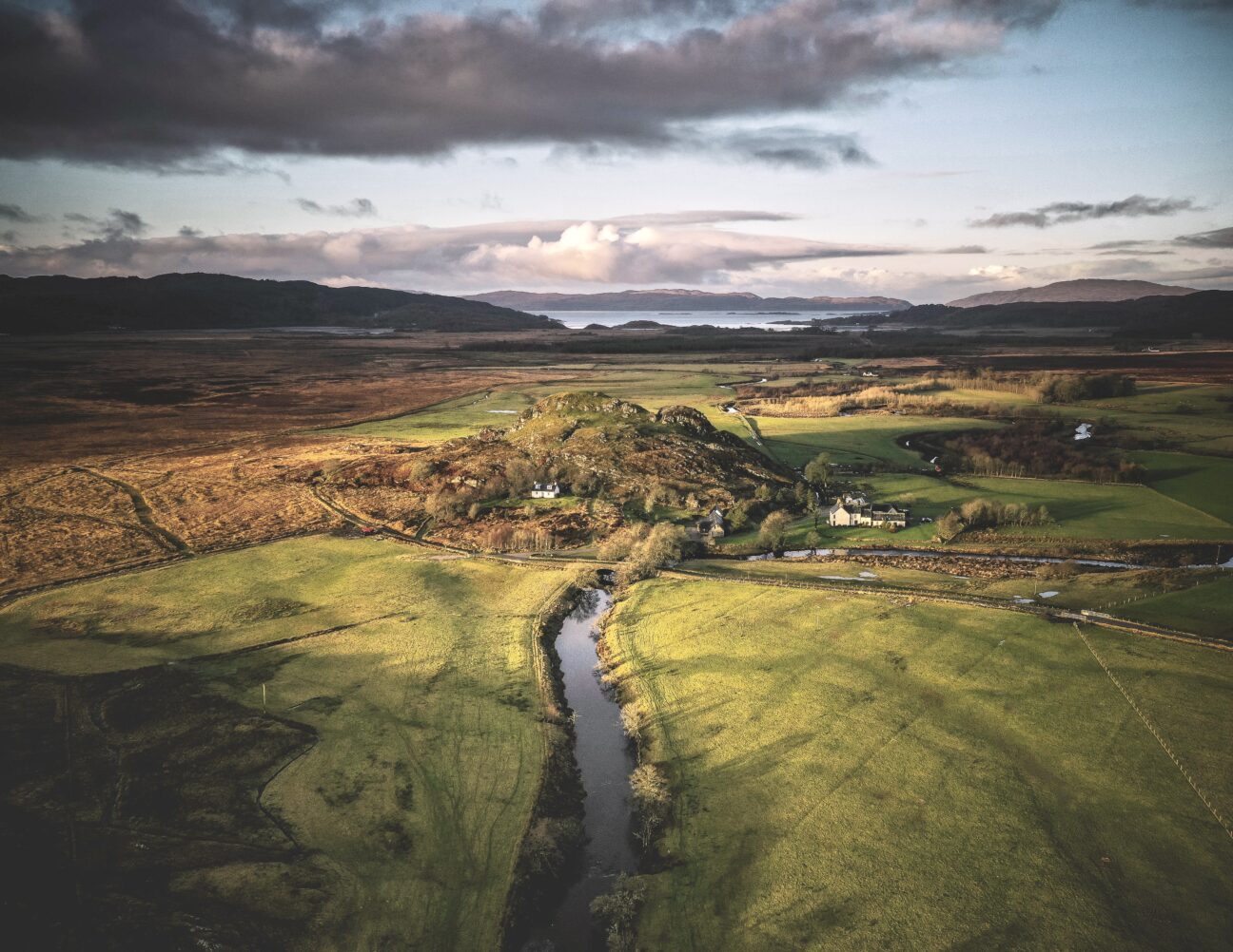 Aerial shot of fields and river