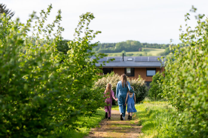 Woman and two children walking
